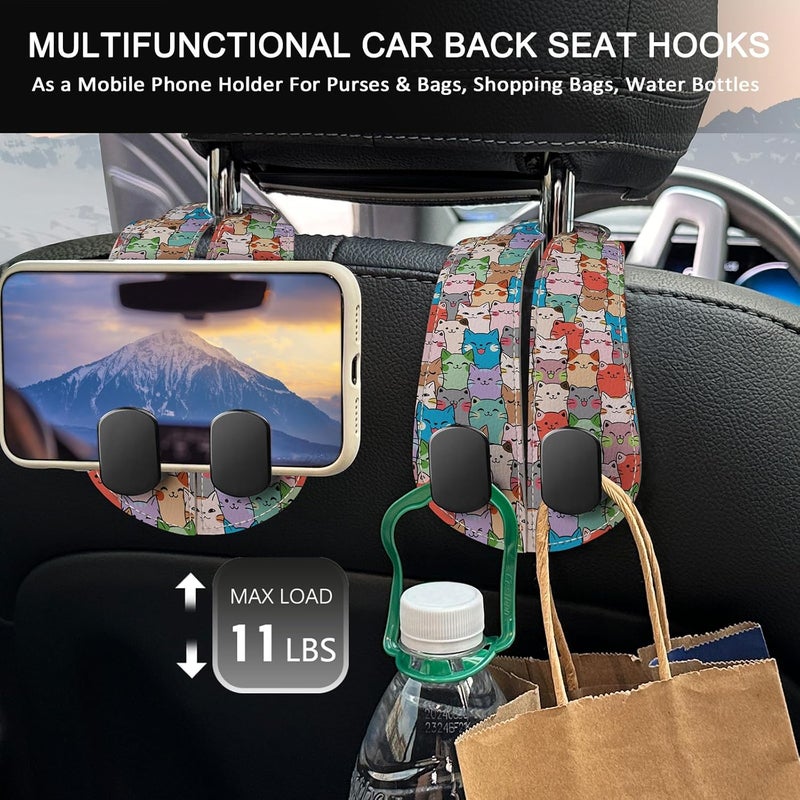Blusabaca 2PCS Car Seat Back Storage Headrest Hooks, Cute Cats Purse Holder Bags Hanger, PU Leather Double Metal Hook for Backseat Organizer, Women Car Accessories Organization - Image 3